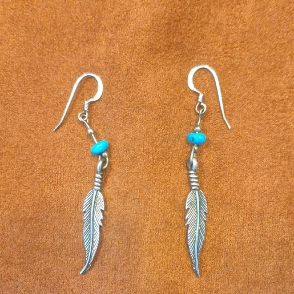 Silver Feather Earrings with Turquoise Accents
